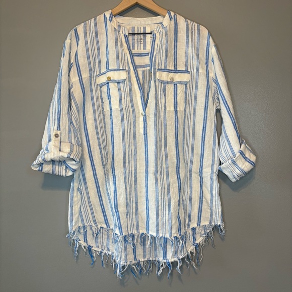Karyn Seo Tops - Karyn Seo XL Linen Stripe Roll Sleeve V-Neck Fringe Tunic White Blue